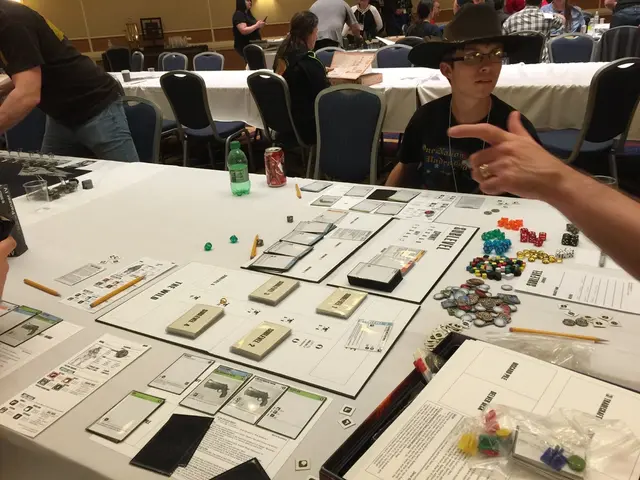 Here we can see a table full of cards and coins and there is a bottle and tin there are people...