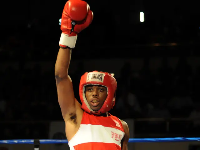 In the picture I can see a man standing in the battle ring. He is wearing the boxing dress, boxing...